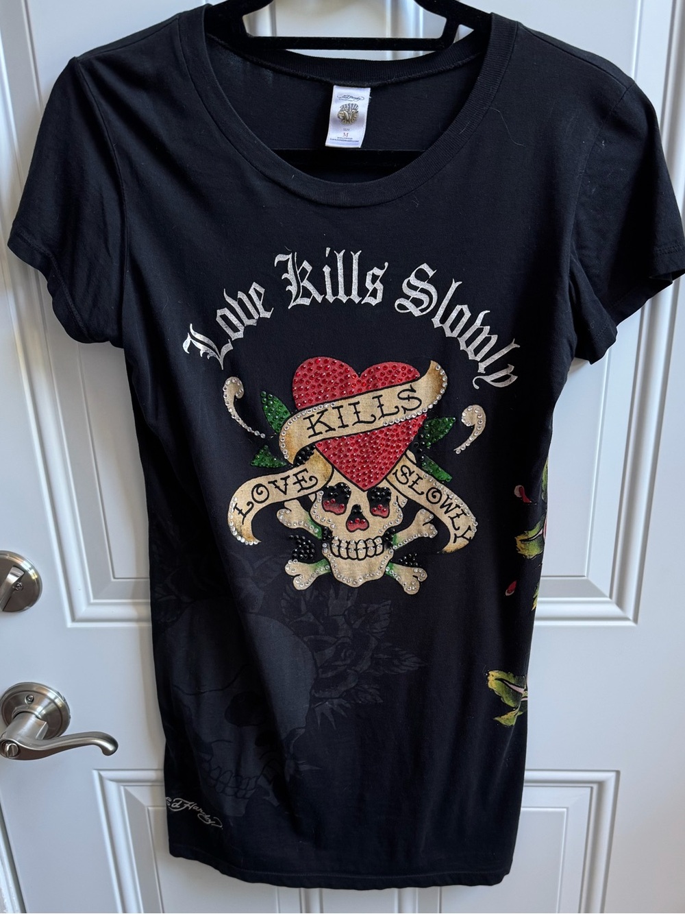 Vintage Ed Hardy Black 'Love Kills Slowly' Skull & Heart Graphic Tee